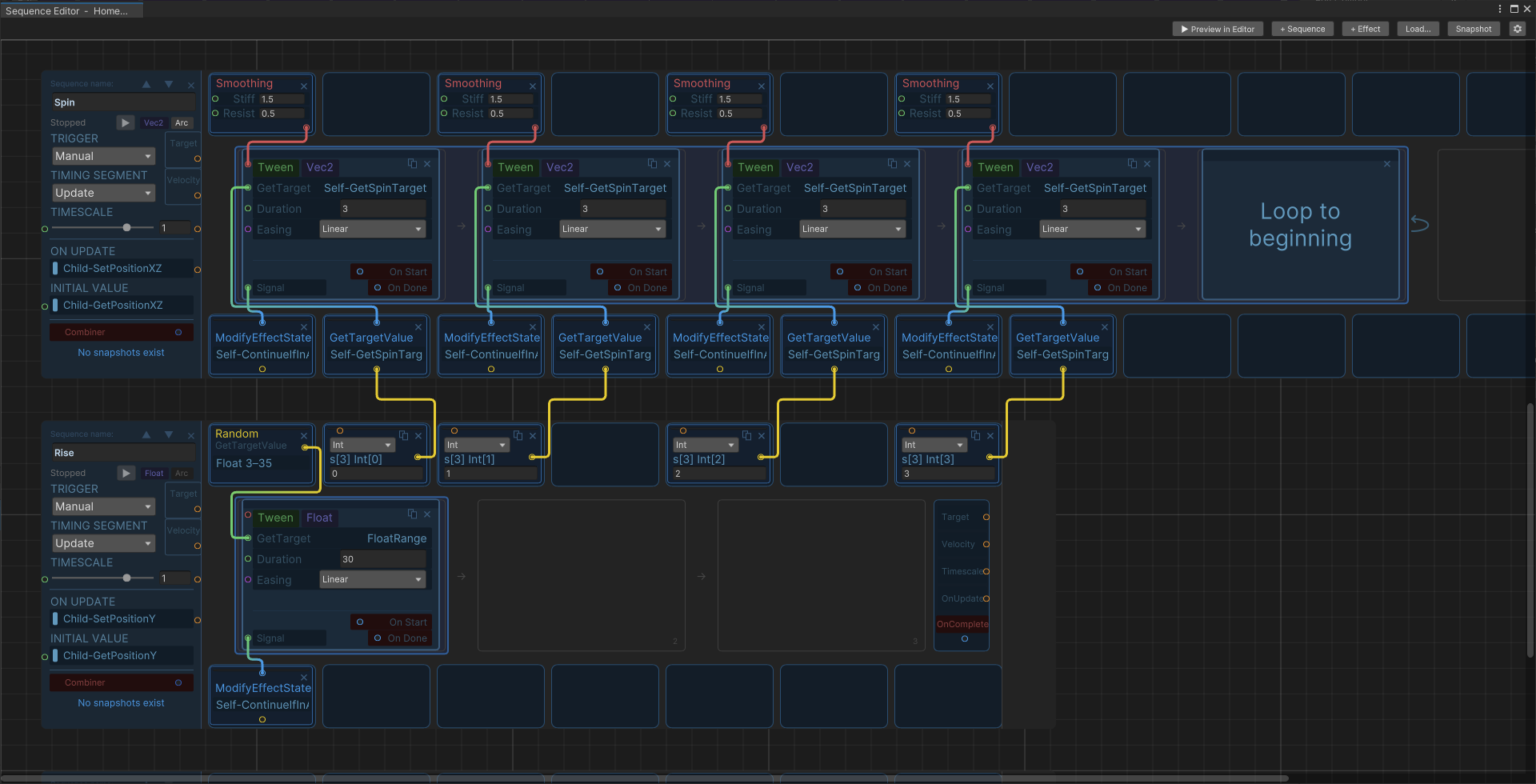 JuiceBox sequence editor showing Spin and Rise sequences with smoothing nodes and a loop